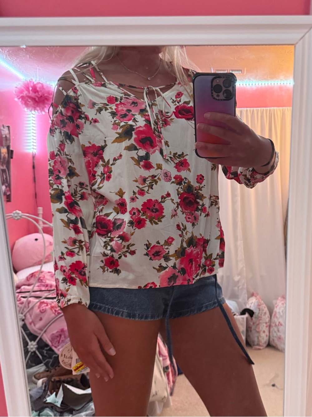 Floral Tie-Neck Long Sleeve Top - White with Pink Floral